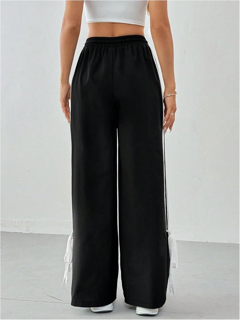 WDIRARA Girl's Side Striped Wide Leg Track Pants Bow Elastic High Waist Sweatpants Black - Image 1